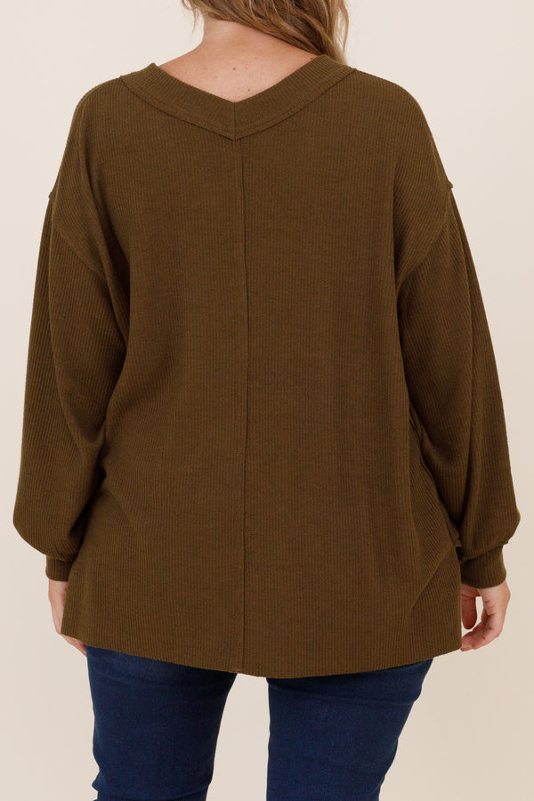 Chic Soul plus size clothing, textured olive sweatshirt with split hem