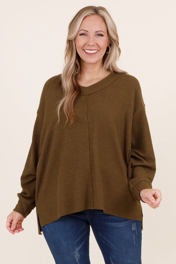 Chic Soul plus size clothing, textured olive sweatshirt with split hem