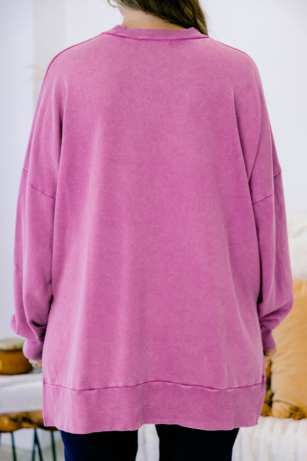 Chic Soul plus size clothing, pink berry long sleeve pullover with round neckline and ribbed cuff sleeves with band across bottom with slits on each side