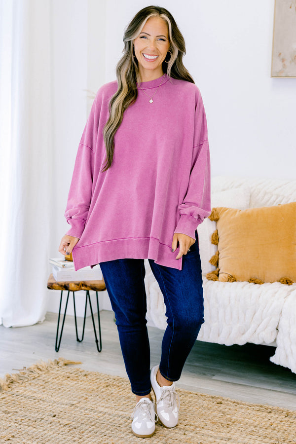 Chic Soul plus size clothing, pink berry long sleeve pullover with round neckline and ribbed cuff sleeves with band across bottom with slits on each side