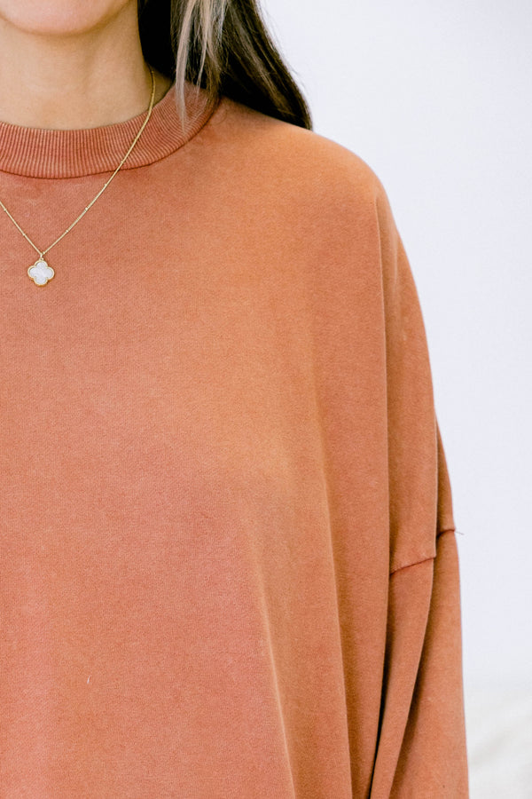 Chic Soul plus size clothing, rust acid wash crew neck pullover