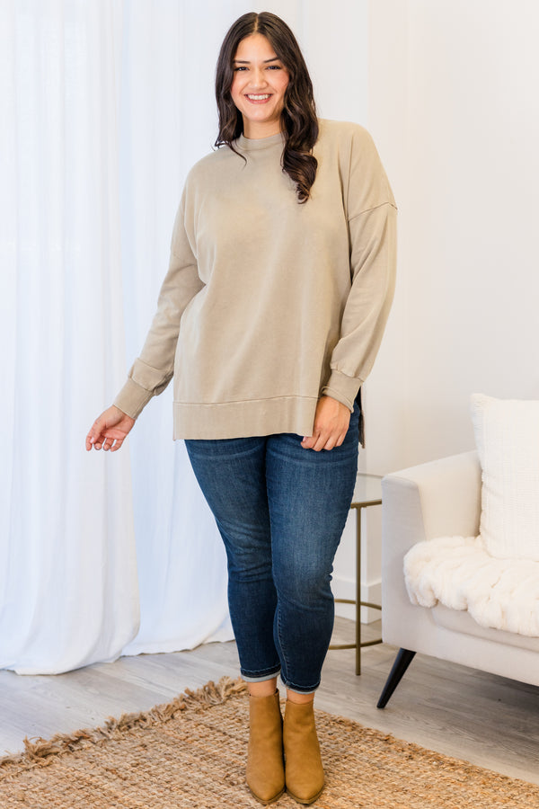 Chic Soul plus size clothing, stone long sleeve pullover with round neckline and cuff sleeves with ribbed band along the bottom