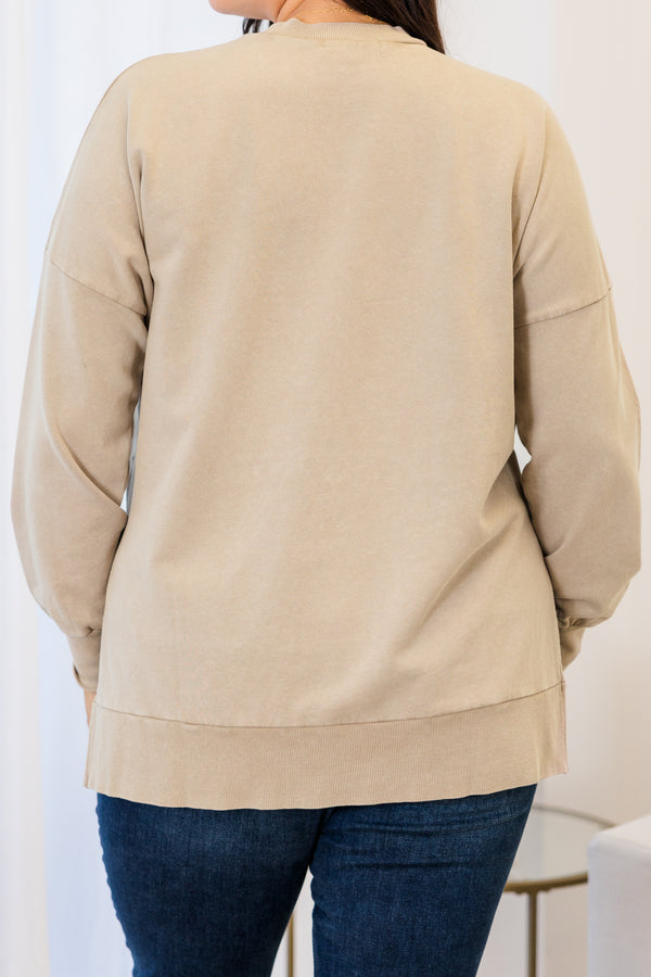 Chic Soul plus size clothing, stone long sleeve pullover with round neckline and cuff sleeves with ribbed band along the bottom