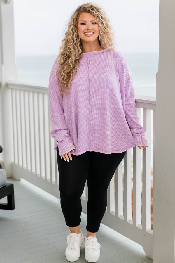 Chic Soul plus size clothing, bright lavender waffle knit long sleeve pullover with distressed hem