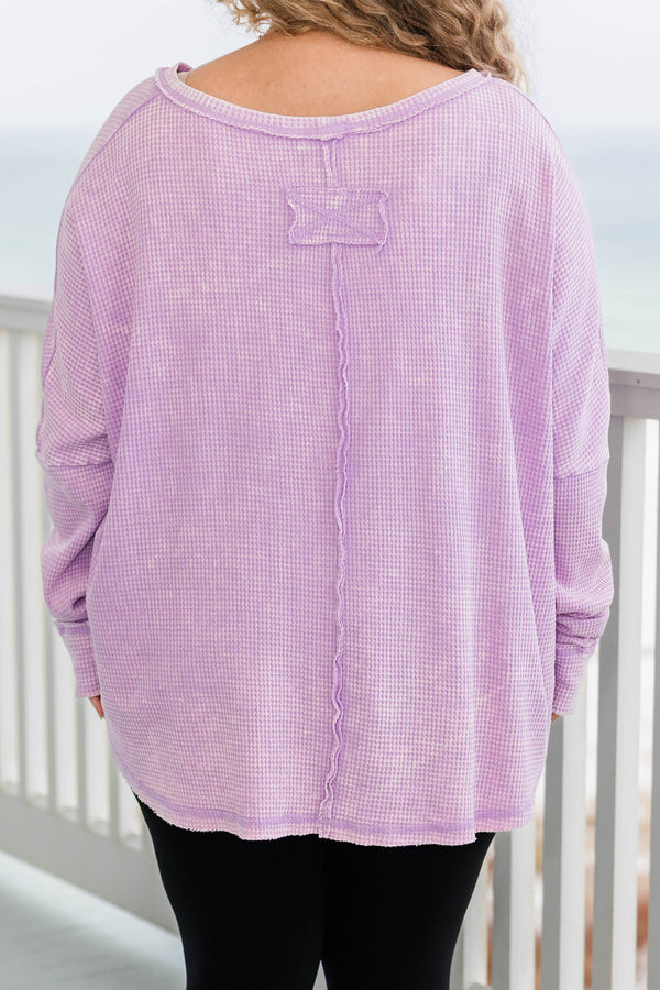 Chic Soul plus size clothing, bright lavender waffle knit long sleeve pullover with distressed hem