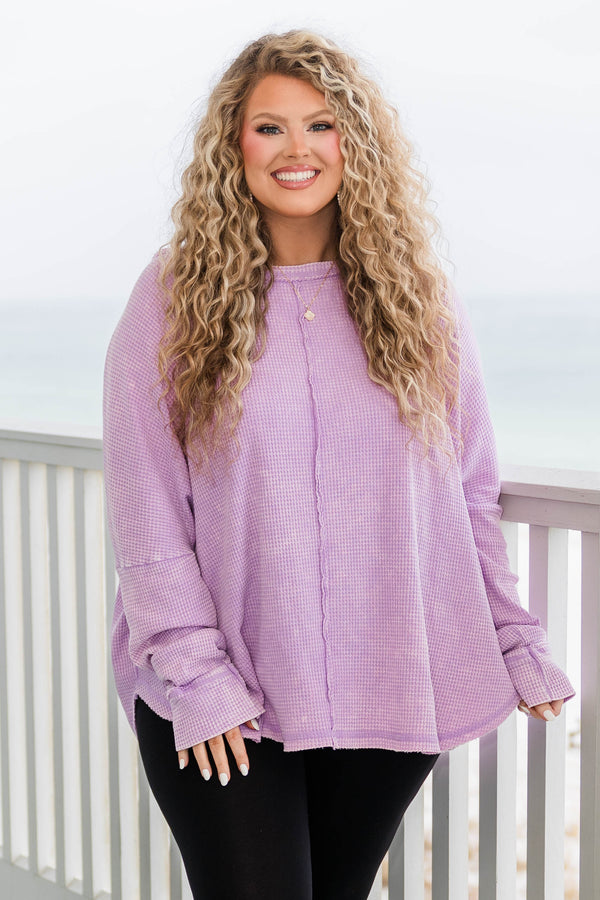 Chic Soul plus size clothing, bright lavender waffle knit long sleeve pullover with distressed hem