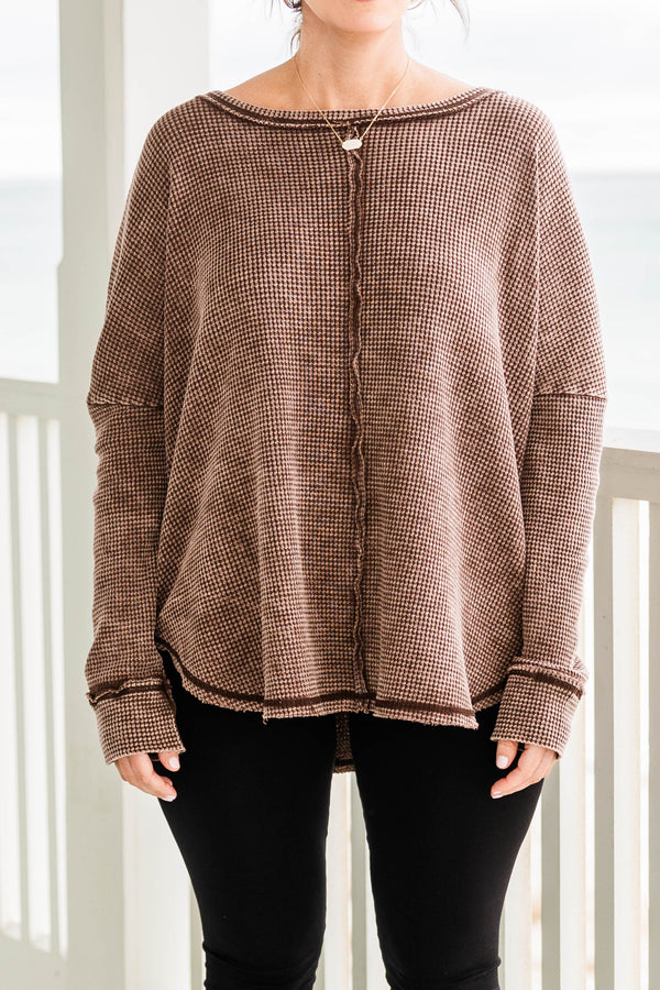 Chic Soul plus size clothing, brown cozy waffle knit long sleeve pullover with distressed hem and stitching