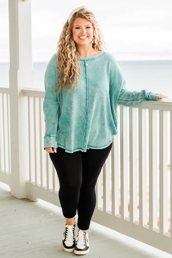 Chic Soul plus size clothing, dusty teal cozy waffle knit long sleeve pullover with distressed hem and stitching