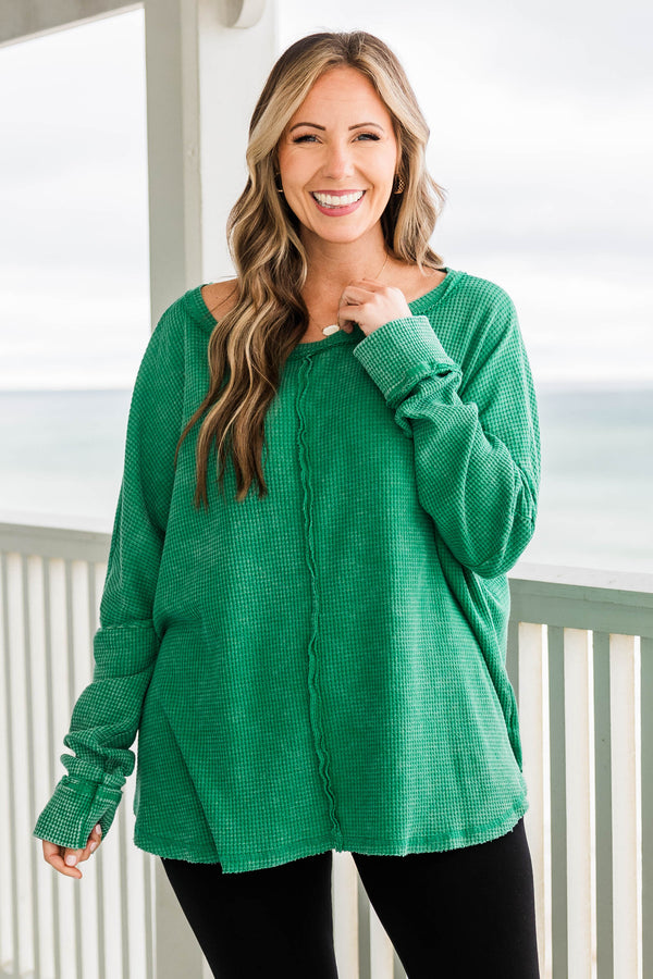 Chic Soul plus size clothing, kelly green long sleeve waffle knit top