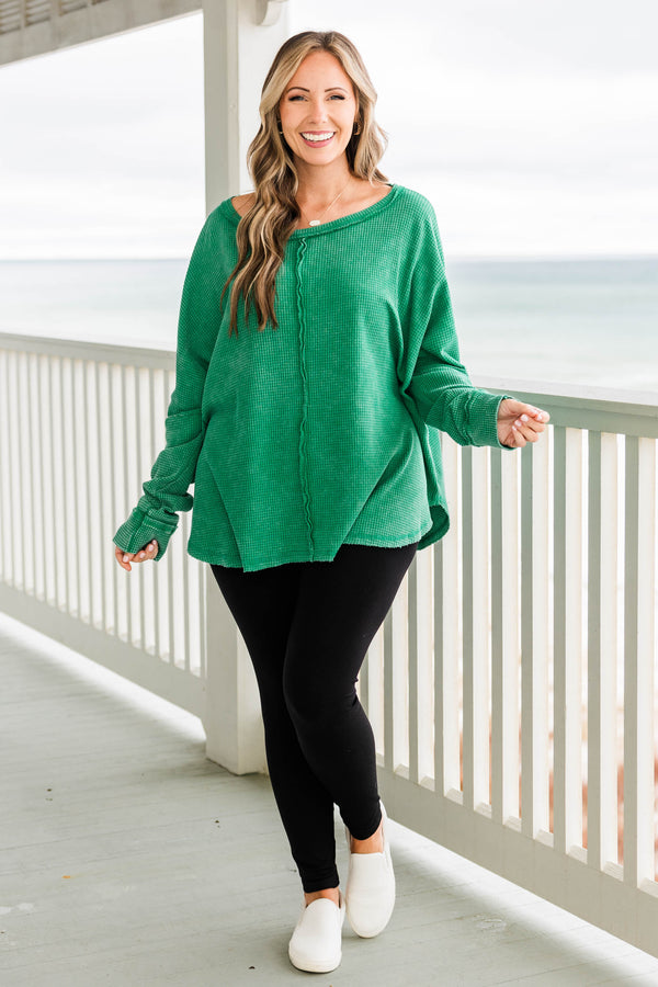 Chic Soul plus size clothing, kelly green long sleeve waffle knit top