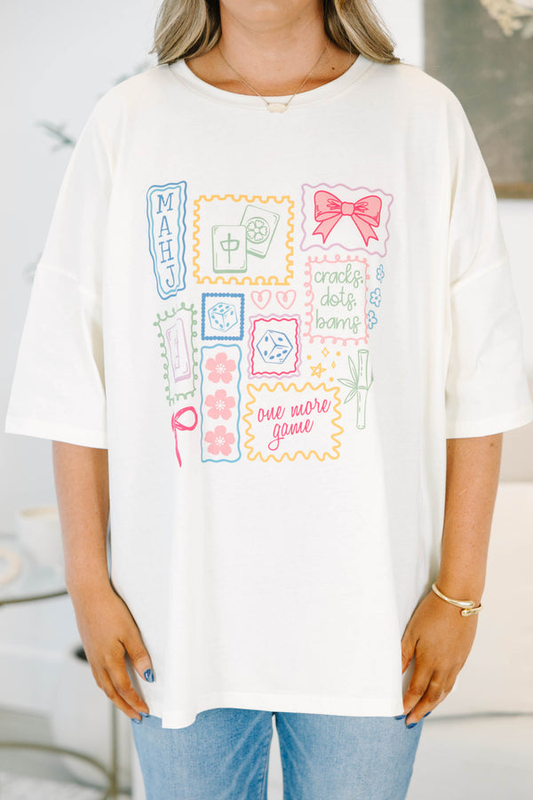 Plus Size ivory boyfriend tee with colorful mahjong-themed graphics and a relaxed fit.