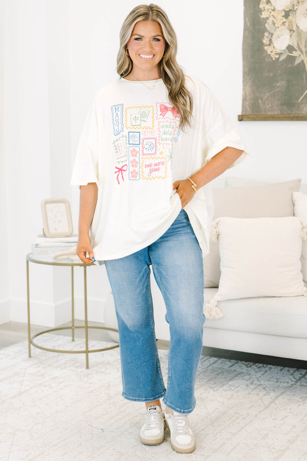 Plus Size ivory boyfriend tee with colorful mahjong-themed graphics and a relaxed fit.
