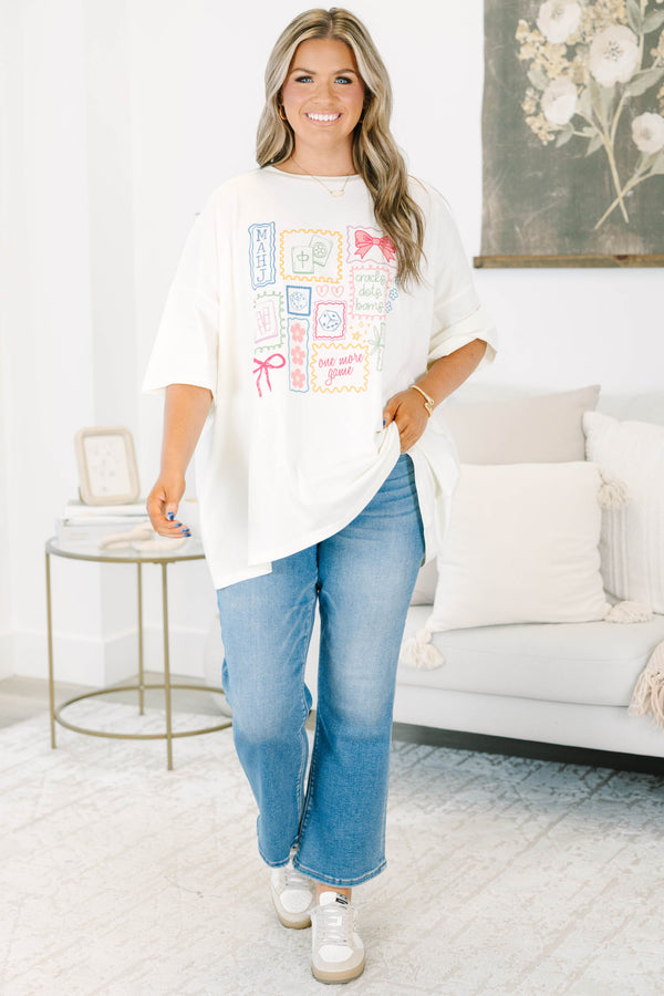 Plus Size ivory boyfriend tee with colorful mahjong-themed graphics and a relaxed fit.
