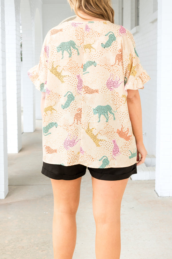 Chic Soul plus size clothing, cream multicolor leopard pattern top with ruffle sleeves