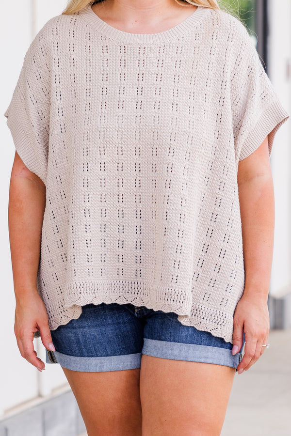 Plus Size latte-colored textured knit top with a relaxed fit, side split, and scalloped hem.