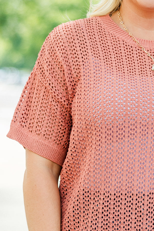 Chic Soul Plus size clothing, burnt orange casual top with short sleeves and a woven pattern
