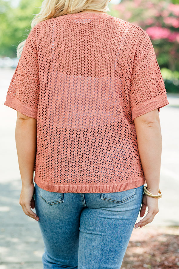 Chic Soul Plus size clothing, burnt orange casual top with short sleeves and a woven pattern
