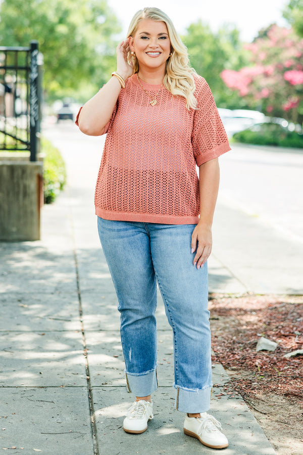 Chic Soul Plus size clothing, burnt orange casual top with short sleeves and a woven pattern
