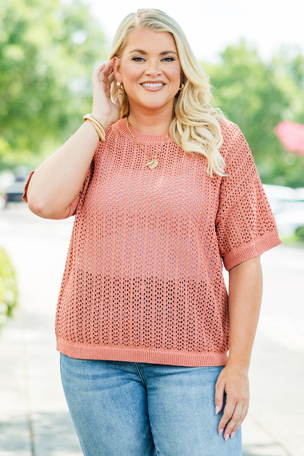Chic Soul Plus size clothing, burnt orange casual top with short sleeves and a woven pattern
