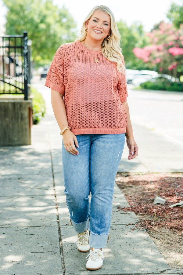 Chic Soul Plus size clothing, burnt orange casual top with short sleeves and a woven pattern

