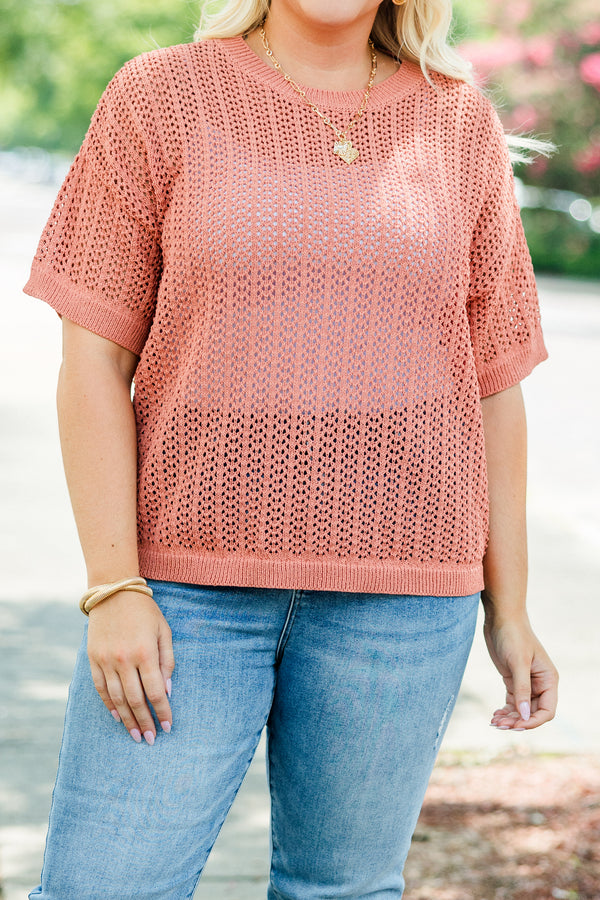 Chic Soul Plus size clothing, burnt orange casual top with short sleeves and a woven pattern
