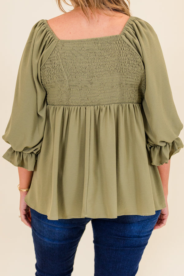 Chic Soul plus size clothing, olive three quarter length sleeve peplum top with square neckline with ruffle cuff detail on sleeves