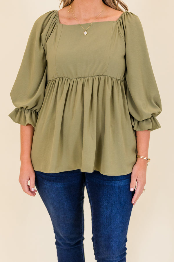 Chic Soul plus size clothing, olive three quarter length sleeve peplum top with square neckline with ruffle cuff detail on sleeves