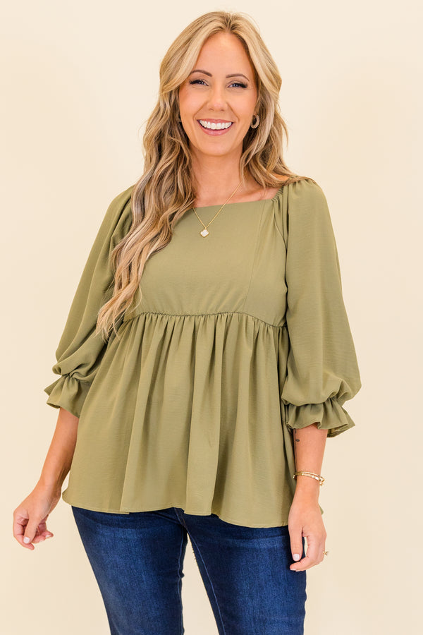 Chic Soul plus size clothing, olive three quarter length sleeve peplum top with square neckline with ruffle cuff detail on sleeves