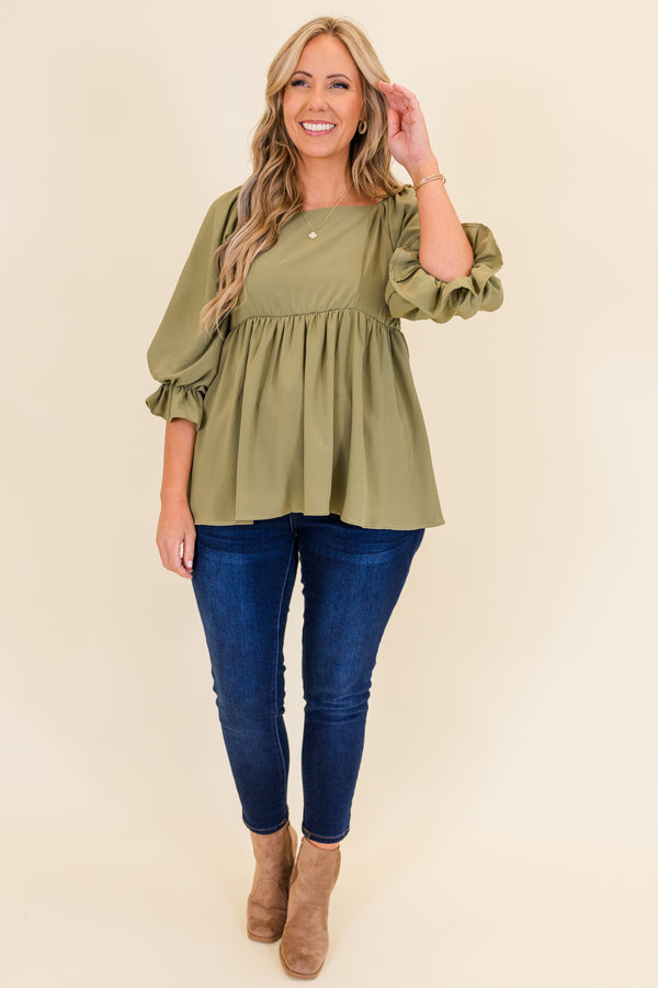 Chic Soul plus size clothing, olive three quarter length sleeve peplum top with square neckline with ruffle cuff detail on sleeves