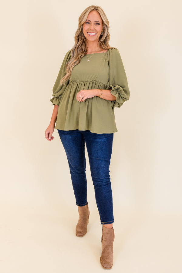 Chic Soul plus size clothing, olive three quarter length sleeve peplum top with square neckline with ruffle cuff detail on sleeves