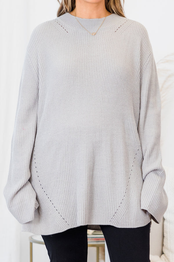 Chic Soul plus size clothing, extra-long-sleeve heather grey knit sweater with small turtle  neckline 