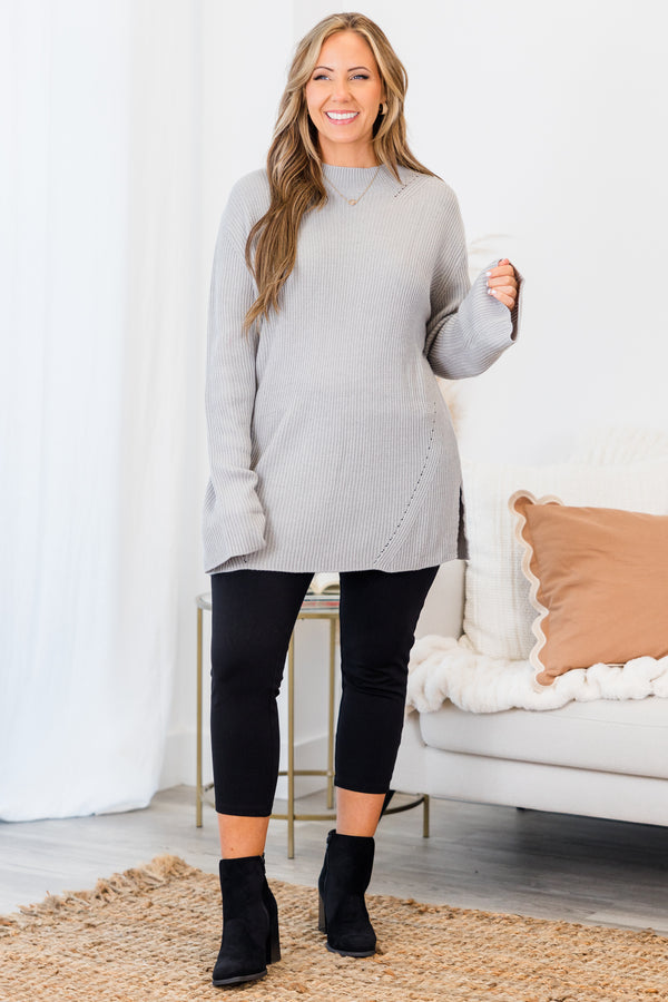 Chic Soul plus size clothing, extra-long-sleeve heather grey knit sweater with small turtle  neckline 