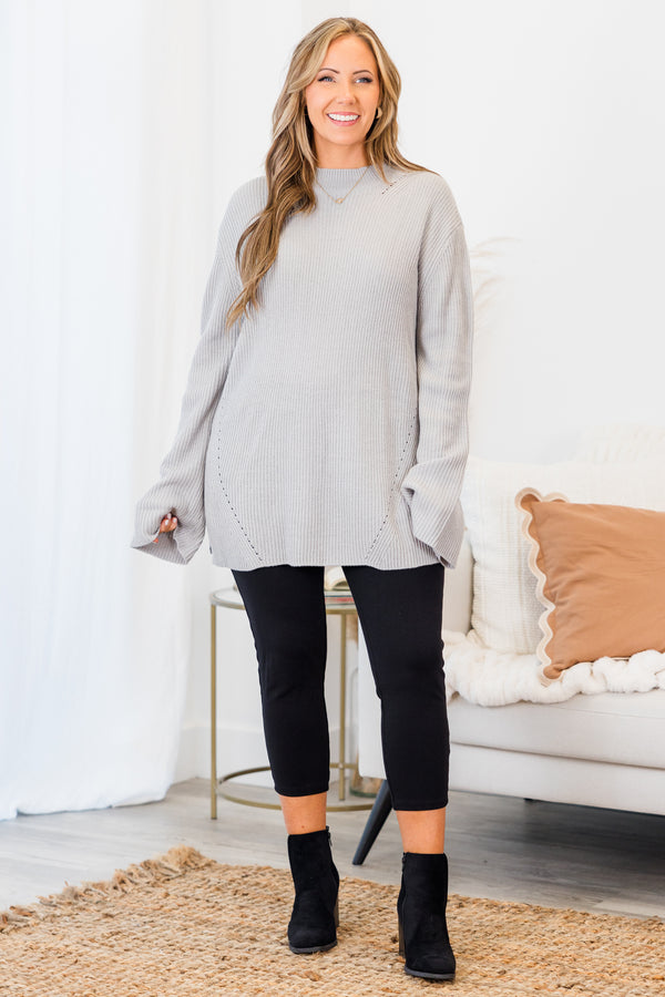 Chic Soul plus size clothing, extra-long-sleeve heather grey knit sweater with small turtle  neckline 