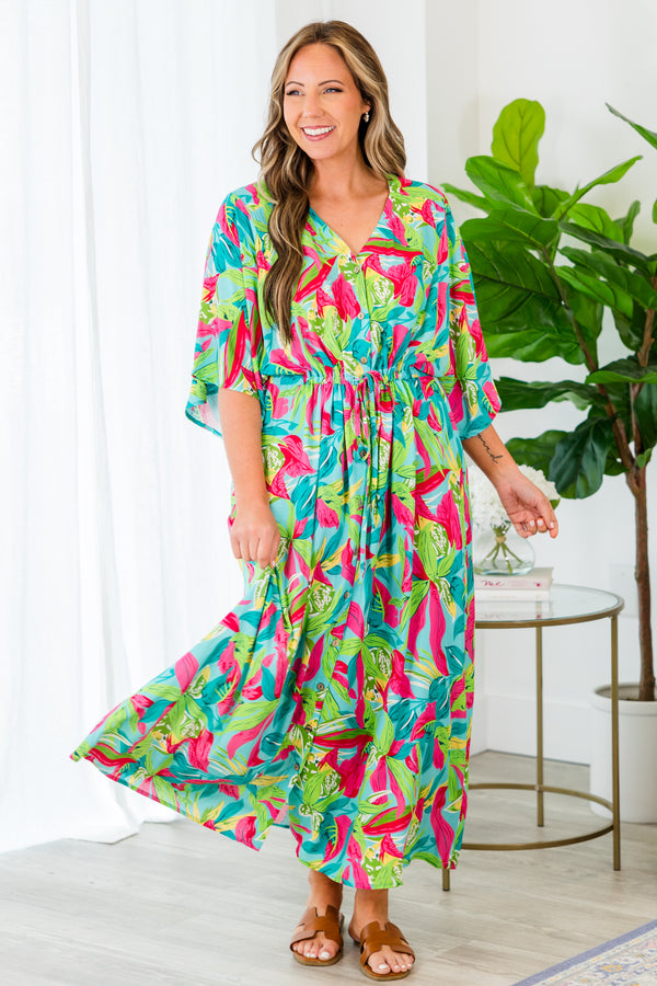 Chic Soul plus size clothing, green tropical print midi dress with elbow length flowy sleeves with v neckline and synched waist