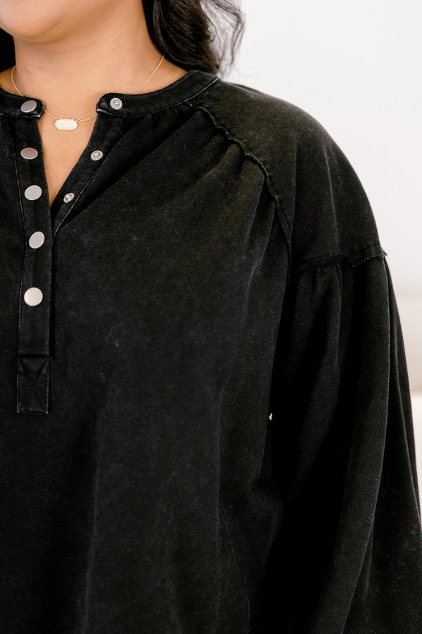 Chic Soul plus size clothing, black long sleeve pullover with puff sleeves and buttons along the v-neckline