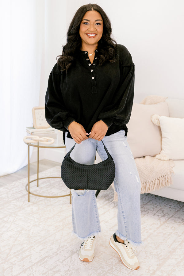 Chic Soul plus size clothing, black long sleeve pullover with puff sleeves and buttons along the v-neckline
