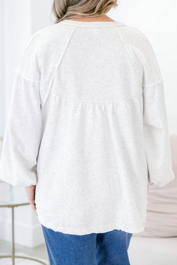 Chic Soul plus size clothing, light heather gray long balloon sleeve button collar pullover