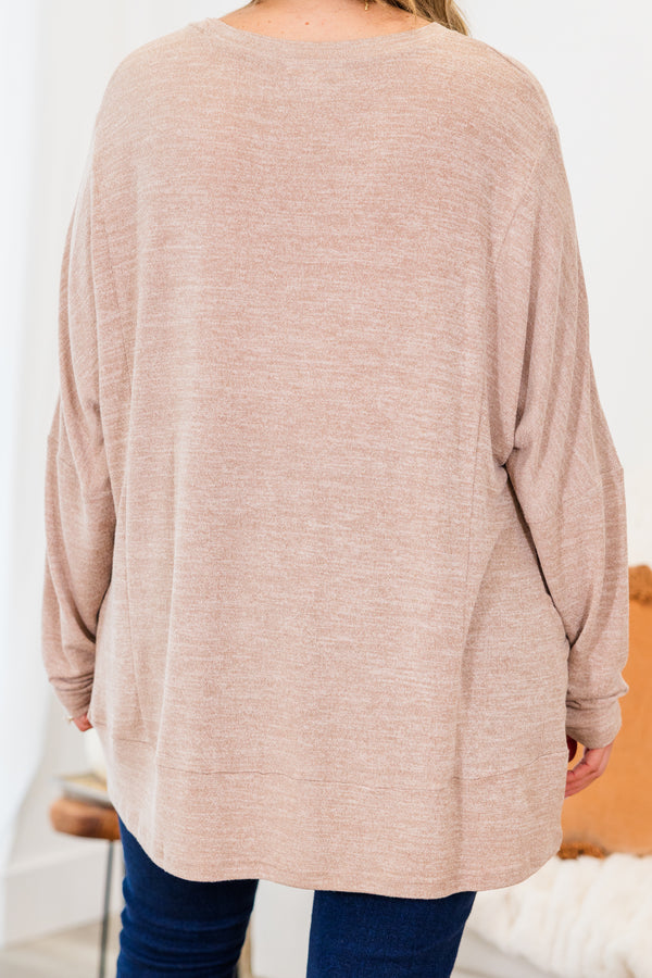 Chic Soul plus size clothing, taupe long sleeve tunic with two large pockets on the bottom with round neckline