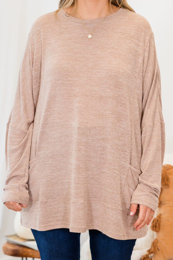 Chic Soul plus size clothing, taupe long sleeve tunic with two large pockets on the bottom with round neckline