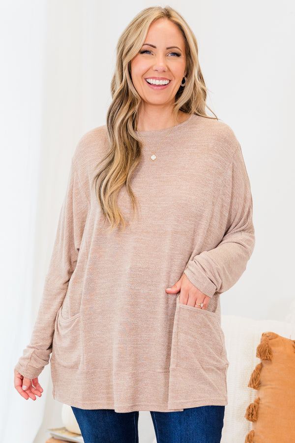 Chic Soul plus size clothing, taupe long sleeve tunic with two large pockets on the bottom with round neckline