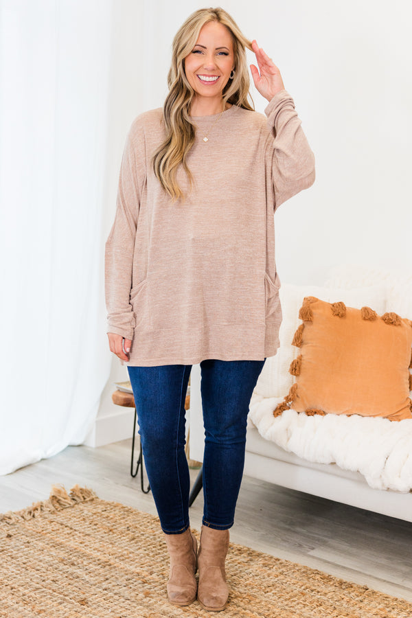 Chic Soul plus size clothing, taupe long sleeve tunic with two large pockets on the bottom with round neckline
