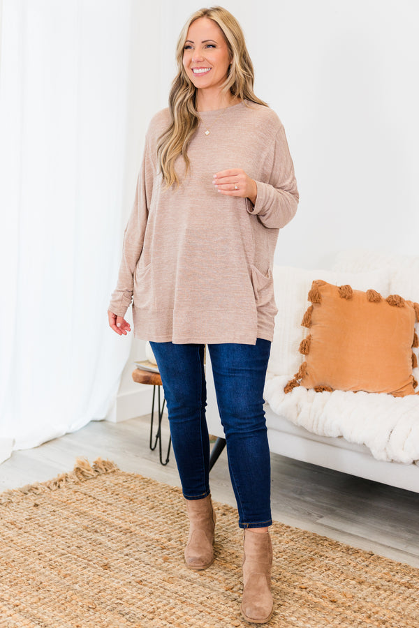 Chic Soul plus size clothing, taupe long sleeve tunic with two large pockets on the bottom with round neckline