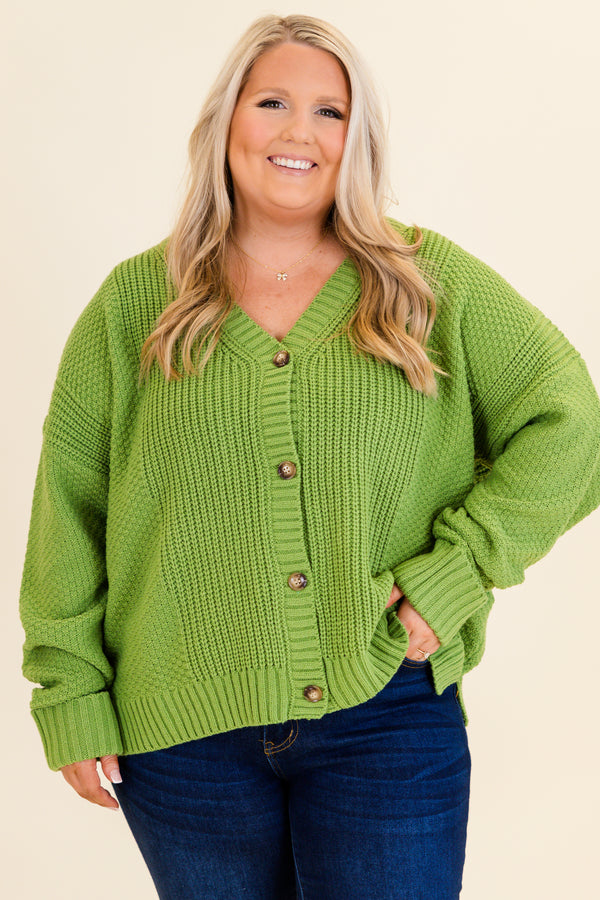 Chic Soul plus size clothing, lime green knit button up cardigan sweater with v neckline with ribbed cuff sleeves with ribbed band along neckline and bottom