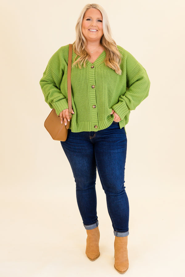 Chic Soul plus size clothing, lime green knit button up cardigan sweater with v neckline with ribbed cuff sleeves with ribbed band along neckline and bottom