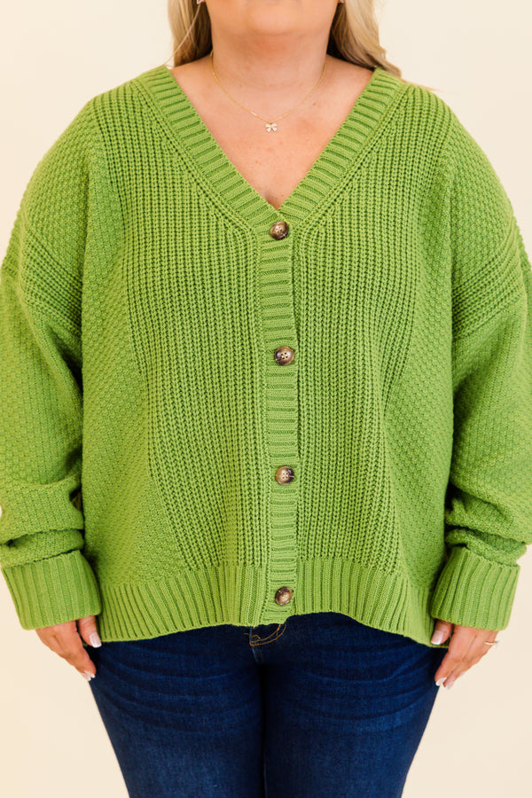 Chic Soul plus size clothing, lime green knit button up cardigan sweater with v neckline with ribbed cuff sleeves with ribbed band along neckline and bottom