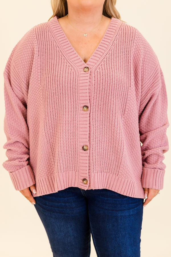 Chic Soul plus size clothing, mauve knitted cardigan with buttons and a v neckline
