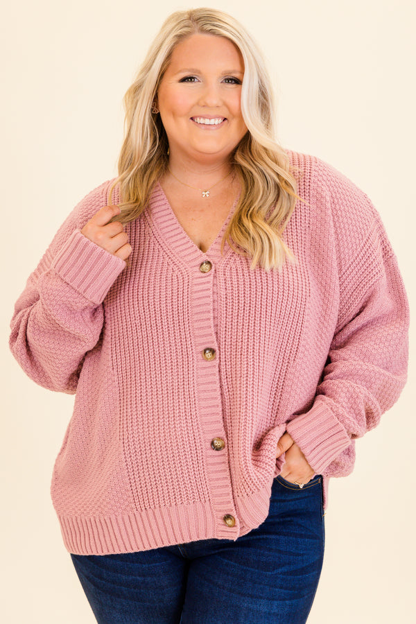 Chic Soul plus size clothing, mauve knitted cardigan with buttons and a v neckline