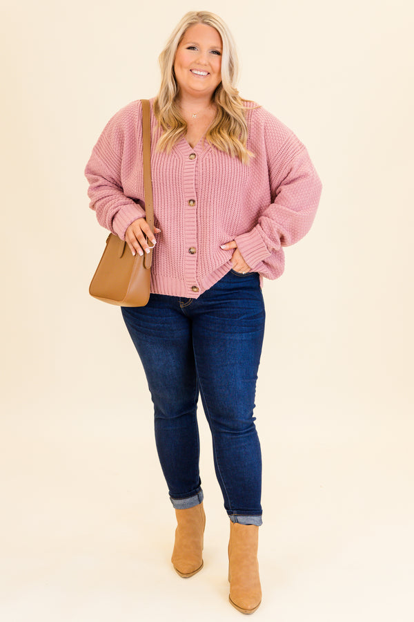 Chic Soul plus size clothing, mauve knitted cardigan with buttons and a v neckline