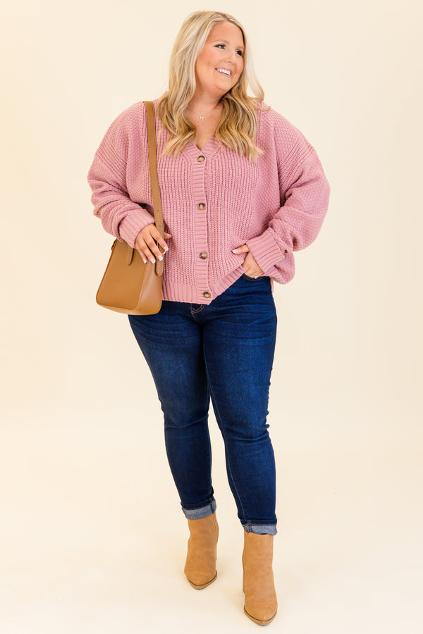 Chic Soul plus size clothing, mauve knitted cardigan with buttons and a v neckline
