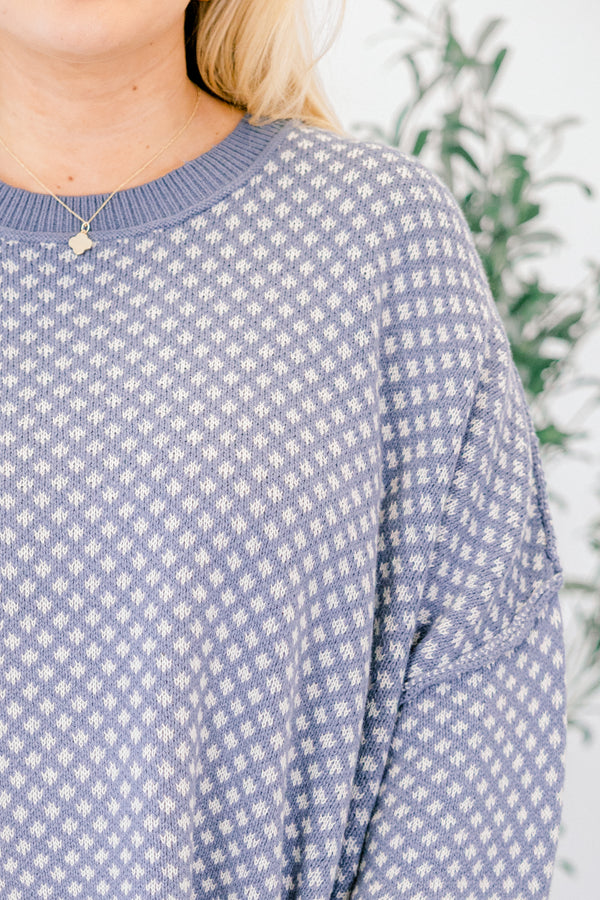 Chic Soul plus size clothing, blue and cream abstract pattern long sleeve sweater